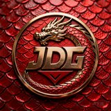 JDG战队队徽，以红色龙鳞纹理为背景的金属质感圆形徽章